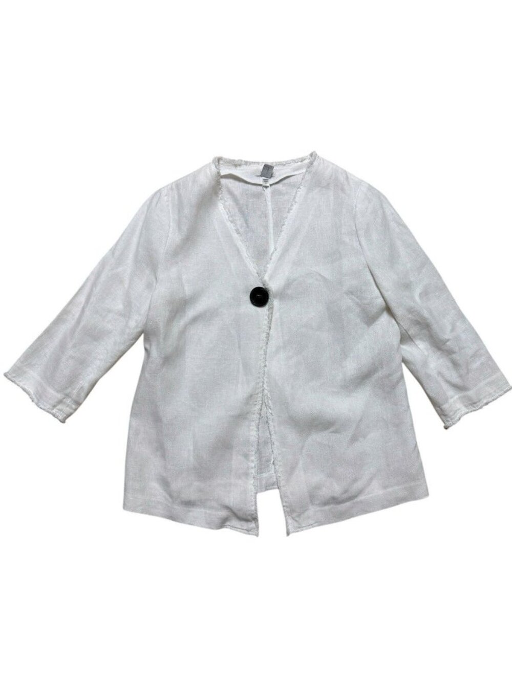 Chicos White Linen Jacket Frayed Edge Button Front Relaxed Fit Size 1